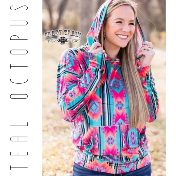 CRAZY TRAIN HOODIE VELVET LIGHT AZTEC WESTERN PINK - Picture 5 of 8